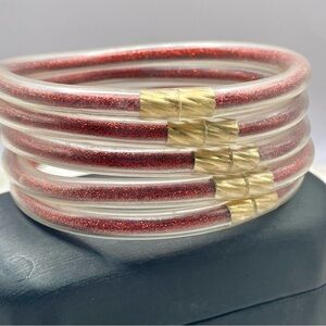 Red Glitter Jelly Tube Bangle Bracelet Stack w/Gold Accents. Size 7 3/4 inches